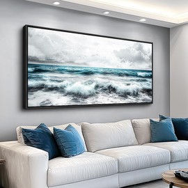ERQINHUA Black And White Beach Wall Painting Large Canvas Wall Art For Living Room Wall Decor For Bedroom Office Wall Decor Blue Sea Wave Pictures Artwork Hotel Home Decor Black Framed 30x60 In