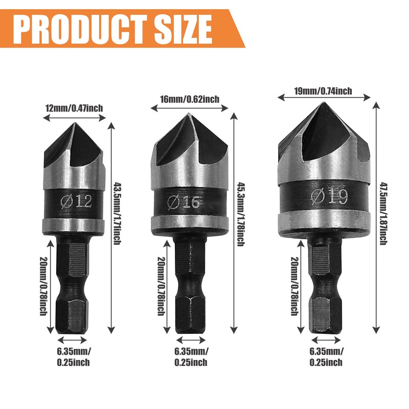 Countersink Drill Bit Set, 3 Pcs 12/16/19mm 1/4 Inch Hex