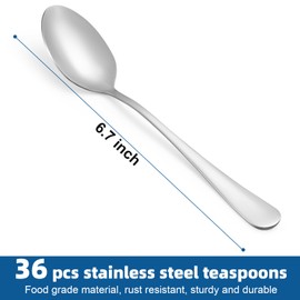 36 Pcs Teaspoons Set, Food-Grade Stainless Steel Spoons Silverware, Cutlery Tea Spoons, Durable Dessert Spoons, Metal Spoon for Home, Kitchen or Restaurant, Mirror Polished, Dishwasher Safe 6.7 Inch