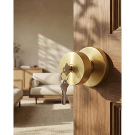 Haidms Gold Door Knob with Key, Heavy-Duty Zinc Alloy Keyed Entry Door Knob Exterior, Brushed Gold Front Door Knobs with Lock, Keyed Alike, 1 Pack