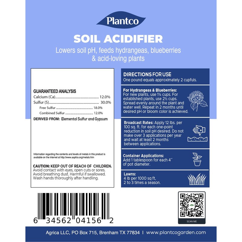 Soil Acidifier for Acid-Loving Plants, Turns Hydrangeas Blue, Lowers pH