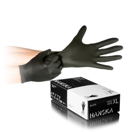 HANSKA Disposable Nitrile Gloves, Black, Powder Free, Insert and Bet, Ambidextrous, Non-Sterile - Rubber Base - Suitable for Medical Areas, Food Handling (100, XL)