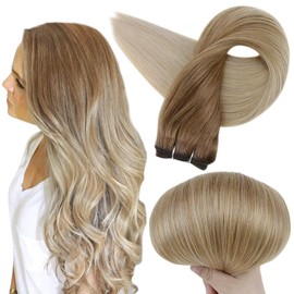 Full Shine Weft Remy Human Hair Extensions 20 Inch Hair Bundles Double Weft Extensions Balayage Hair Color 10 Fading to 14 Golden Blonde Weft Bundles 100 Grams Sew in Weave