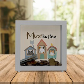 Wooden Cat Frame Money Box with Saying Miezkosten Für Katzenmensch Sparen leicht im Miezhaus Glückskatze Design Ideal for Pet Fans Rent Rent
