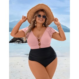 Blooming Jelly Women's Plus Size One Piece Swimsuits Tummy Control Bathing Suit Maternity V Neck Swimwear（Pink and Black,XX-Large）