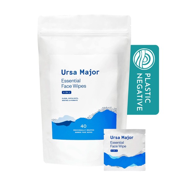 Ursa Major Essential Face Wipes | Natural, Biodegradable, Cruelty-Free | Cleanse, Exfoliate, Soothe and Hydrate | Individually Wrapped | 40 count