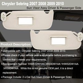 NHILES Driver & Passenger Side Sun Visor Replacement Compatible with Chrysler Sebring 2007 2008 2009 2010 Convertible Sunshade Number 1HW51DW1AA 1HW52DW1AA