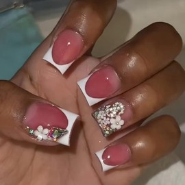 Jremg White French Tip Press on Nails Short Square Fake Nails with Flower Charms Design Cute 3D Silver Dollar Rhinestones False Nails Glossy Nude Pink Glue on Nails for Women Girls Manicure 24Pcs