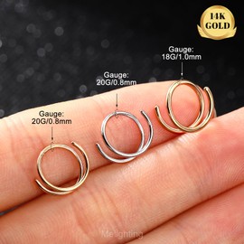 MeIighting 14K Solid Gold Double Nose Ring Hoop for Single Piercing 20G Twist Nose Ring for Women & Men