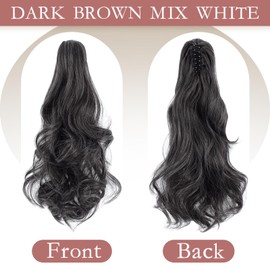 Felendy Ponytail Extension Claw 18" 20" Curly Wavy Straight Clip in Hairpiece One Piece A Jaw Long Pony Tails for Women Dark Brown Mix White