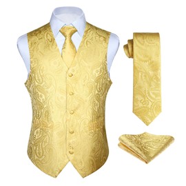 Enlision Men's Waistcoat Paisley Floral Jacquard Tie Hanky Handkerchief Vest Suit Set -