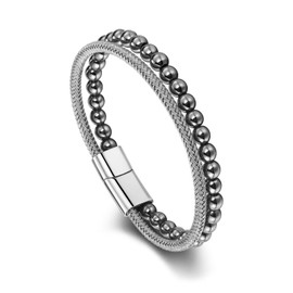 PiercingJak Men's Bracelet Hematite Tiger's Eye Stones Leather Bracelet for Men Bangle Made of Braided Genuine Leather Stainless Steel Healing Stones Beads Charm Jewellery Birthday Gifts for Men, 22