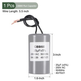 YOKIVE CBB60 Run Capacitor, 250V AC 20uF 50/60Hz with 2 Wires Lead Run Round Capacitor, Low Loss, Great for Washing Machines Motor (Gray, 75x40mm)