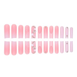 Press on Nails Long Square Gradient Artificial Acrylic Nails Flower Butterfly Glitter Powder Design French Fake Nails Rhinestones False Nails Full Cover Reusable Coffin Nails Glue on Nails for Women