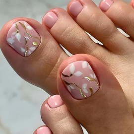 Pink Toenail Press ons Short Square Fake Toenails Cute Glossy Summer Toe Nails Gold Lines，Leaf Design Fake Toe Nails Full Cover Summer Acrylic Toe Press on Nails for Women Girls Artificial Nails 24Pcs