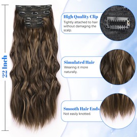 JIAMEISI Clip in Hair Extensions 4PCS Full Head Long Wavy Hair Extensions Synthetic Fiber 22 Inch 200g Clip in Thick Hairpieces for Women/Girls (#4/27 Medium Brown Mixed Dark Blonde)
