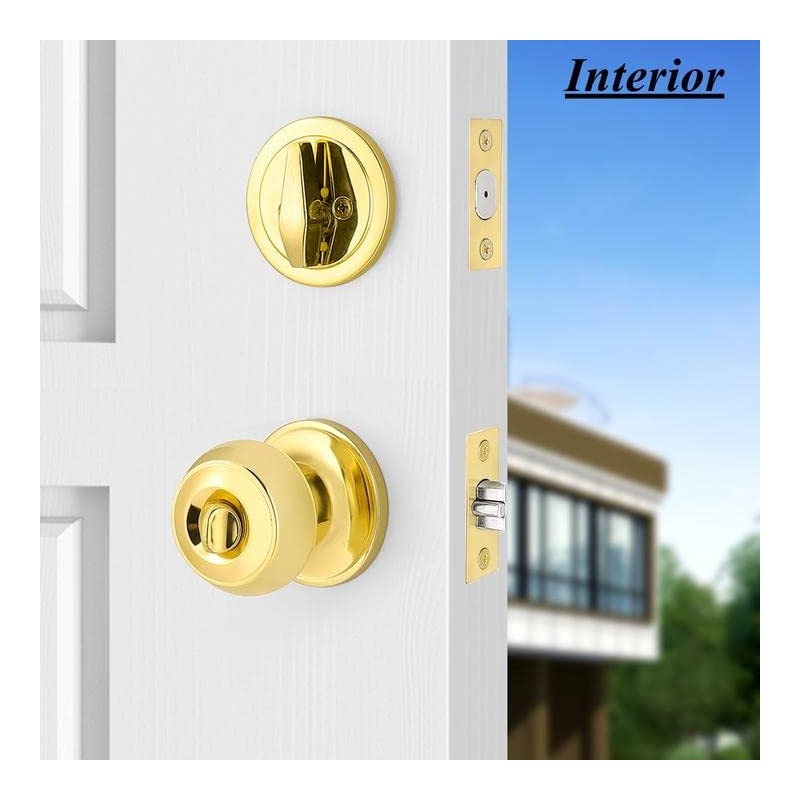Probrico Polished Brass Keyed Entry Door Knob and Single Cylinder