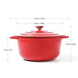 HAWOK Enameled Cast Iron Dutch Oven with Lid, 5 Quart, Deep Round Dutch Oven with Dual Handles, Red