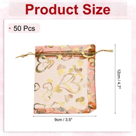 MECCANIXITY Organza Bag 3.5" x 4.7", Sheer Heart Mesh Bags Drawstring Gift Bags Bulk Party Favor Bag Jewelry Pouches for Wedding Candy Valentines (Orange-Gold, Pack of 50)