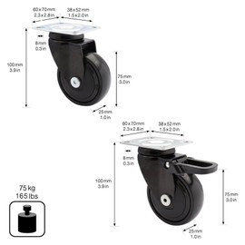 Wagner Design - 3C - Swivel Castors / Apparatus Castors / Furniture Castors 2-Piece Set - Black, 1 Roll without and 1 with Lock, Soft Running Surface, Diameter 75 mm, Ball Bearing, Load Capacity 75 kg