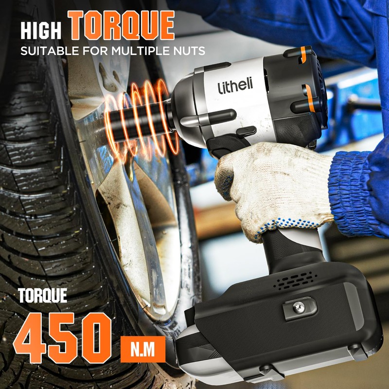 Litheli Cordless Impact Wrench, 1/2 Inch Hog Ring Brushless Impact
