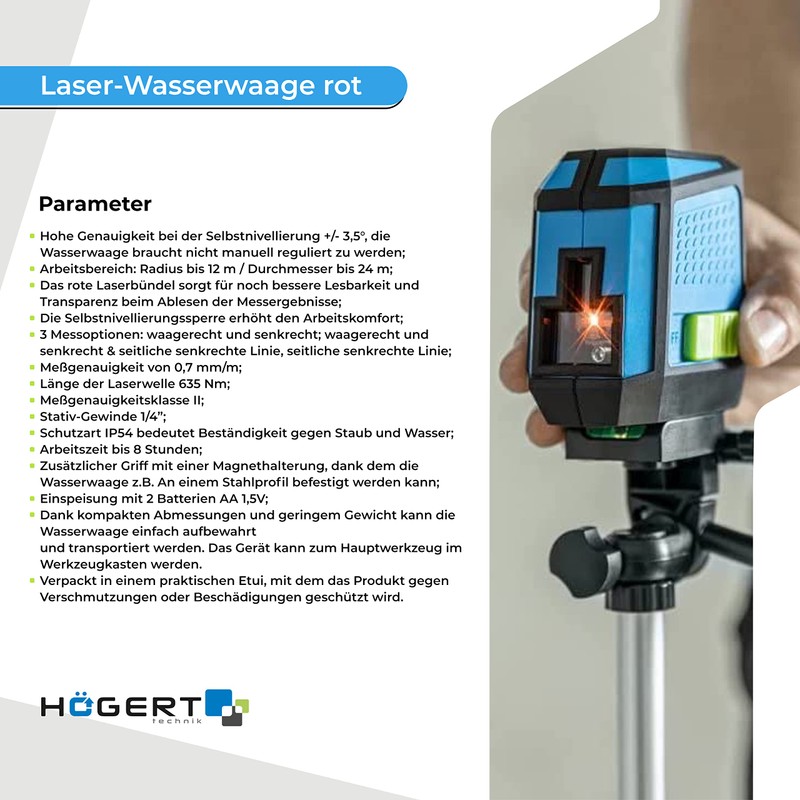 Högert Technik Professionelle, selbstnivellierende Kreuz- und Seiten-Wasserwaage, Arbeitsbereich: Radius bis