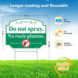 Do Not Spray Sign with Stake, No Spray Pesticide Yard Sign, Bilingual Plant Signs in English and Spanish, 2Pack-12.6"x9.5" No Spray Signs, Double Sided Corrugated Plastic, Easy to Mount(Green)
