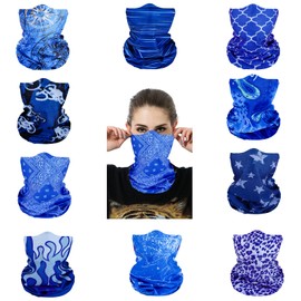 Cutewing 10PCS Gaiter Mask Tube Bandanas Buffs Blue Neck Gaiter Ourdoor Face Mask Multi Headwear Magic Headband Elastic Gators Sweatband with UV Resistant