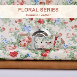 WOCCI 18mm Flower Watch Band for Women, Genuine Leather, Quick Release Strap, Silver Buckle (White Garden)