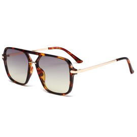 Long Keeper Retro Pilot Sunglasses Men Women Square Sunglasses Aviator Glasses Double Bridge Classic Retro 70s Pilot Glasses with UV Protection, Leopard Frame - Grey Yellow Gradient Lenses