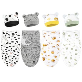 Buryeah 4 Pack Preemie Swaddle Blanket Wrap Set with Hat for Baby Boys Girls 3-7 Lbs Preemie Newborn Clothes Sleepers Cap (White,Animal)