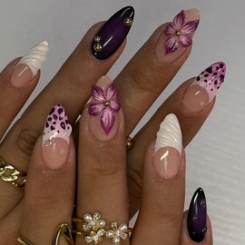 24Pcs 3D Flower Press on Nails Medium Almond Fake Nails French Tip Leopard Print Glue on Nails with Rhinestones Beads Design Flower Nail Art Charms Floral False Nail Artificial Nails for Women