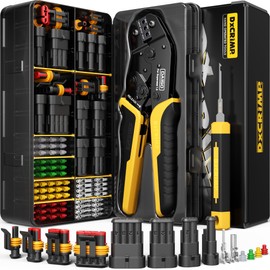 Waterproof Automotive Electrical Connectors Crimping Tool Kit, 1/2/3/4 Pin Waterproof Plugs, Ratchet Crimper for 24–14 AWG Wires, Includes Removal Tools for Car, Truck, RV, Boat Wiring Harness
