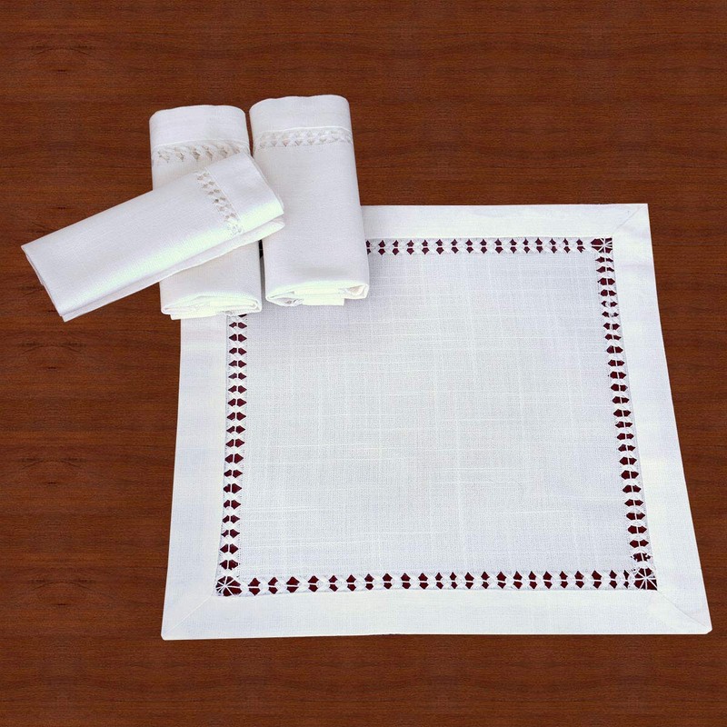 Hemstitched White Lace Napkins, Set Of 4, Size 11.5x11.5 Inch,