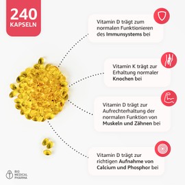 Vitamin D3 K2 MK-7 | 240 Capsules | 5000 IU Vitamin D3 and 100mcg Vitamin K2 MK7 | High Bioavailability of Vitamin D3 and K2 | 240 High Dose Softgel with Linseed Oil | Without Unwanted Additives