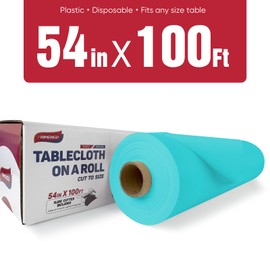 TRIMENGO 54in x 100Ft Aqua Plastic Table Cloth Roll with 12 Pcs Stainless Steel Clips, Disposable Table Cover Roll in A Cut-to-Size Box with Slide Cutter, Tablecloth for Parties, Birthdays, Picnics