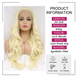 Angle Lucky 613 Wigs for Women Loose Wavy Blonde Synthetic Lace Front Wig Long Blonde Hair Wig Heat Resistant Fiber Glueless Wig Party Daily Use 24inch
