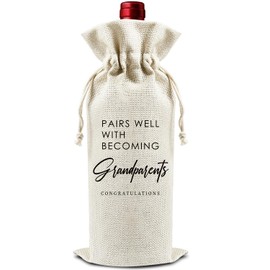 DOIUCRO Pairs Well with Becoming Grandparents - Gifts for New Grandma Grandpa Wine Bags, 1 PC Reusable Drawstring Burlap Wine Bottle Bags, Baby Announcement Gifts for Dad Mom, Wine Accessories -46