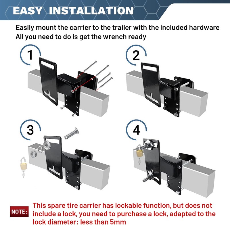 ROBLOCK Lockable Spare Tire Carrier Bracket for Utility Trailer, Powder