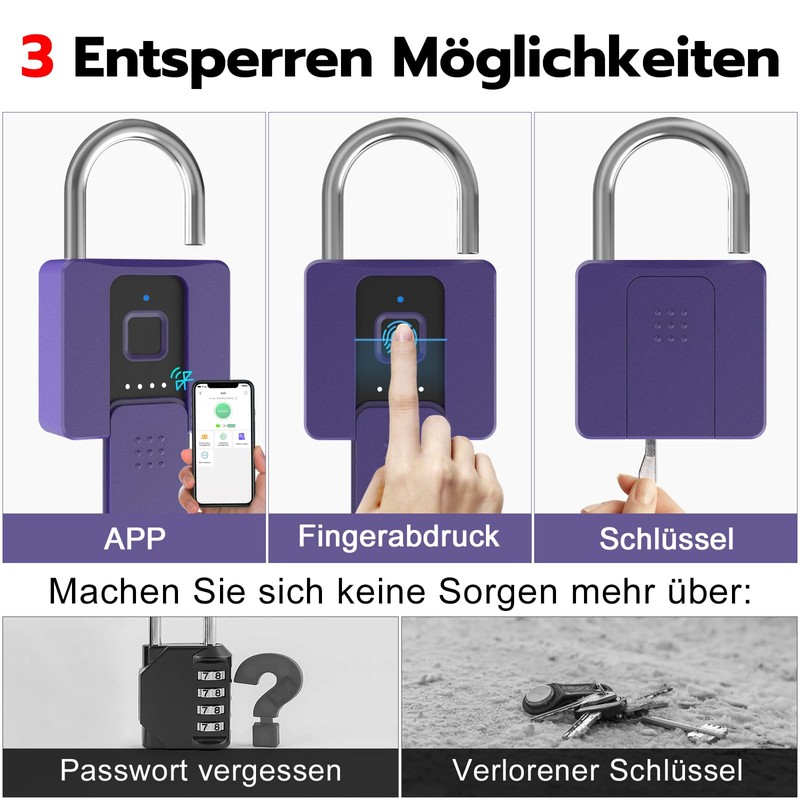 Padlock Fingerprint, Anweller Padlock, Lock with Key, Padlock Weatherproof, Fingerprint