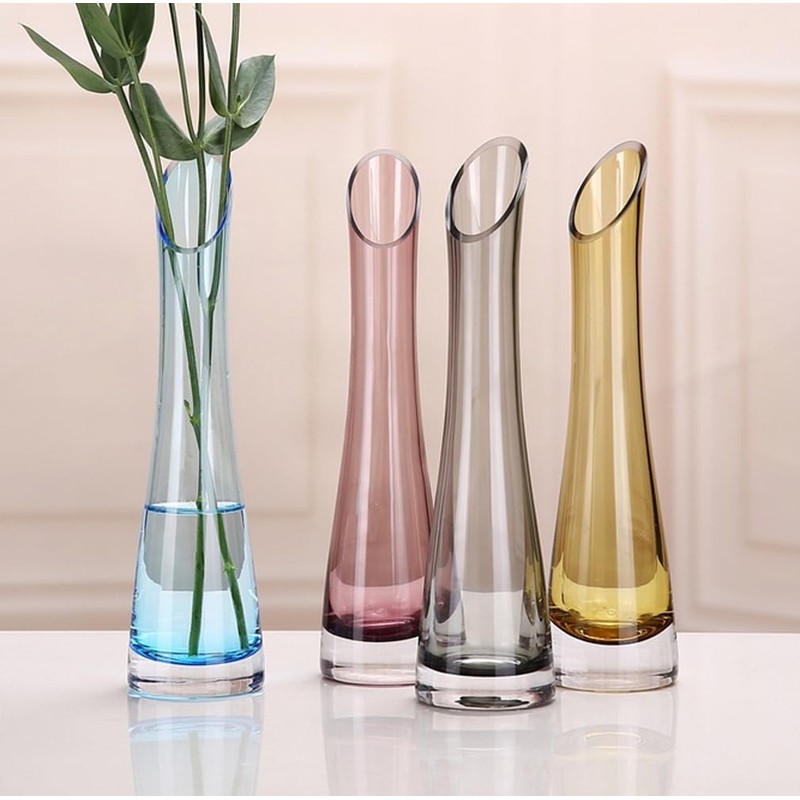Happyupcity 9" Slanted Mouth Blue Glass Bud Vase, Single Stem