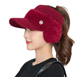 ALVEIN Women's Knit Hat, Sun Visor, Knit Cap, Earmuffs, Cold Protection, Solid, Simple, Stretchy, Knit Hat, Small Face Effect, Brim, Golf, Sports, One Size, For Autumn and Winter, Thick, red