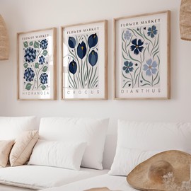 Ueiwffzo Set of 3 Poster Wall Pictures, Blue Floral Canvas Prints Poster Set, Aesthetic Canvas Pictures for Bedroom Decor, Without Frame (30 x 40 cm)