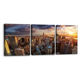 Pacimo 3 Panels New York City Wall Art Decor Skyline of US Canvas Pictures Modern Artwork Skyscrapers Buildings Cityscape at Sunset Painting Prints on Canvas for Home Living Room - 12" x 16" x 3