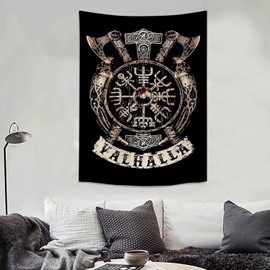 Arsey Viking Decorative Tapestry Vegvisir Axis Hammer Valhalla Nordic Mythology Fathurk Wall Hanging Gothic Aesthetic Decorative Tapestry Black 150 x 100 cm