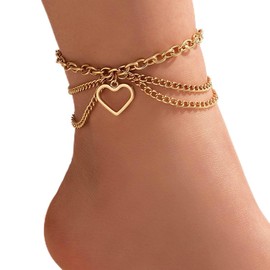 Cubahop Layered Beach Tassel Snake Ankle Heart Ankle Bracelets Summer Foot Accessories Jewellery for Women and Girls (Gold Heart)