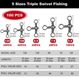 Annyswit 100Pcs 3 Way Swivel Fishing Tackle 6# 7# 8# 10# 12# Stainless Steel Three Way Fishing Swivels Saltwater T-Shape Black Nickel Triple Swivel Fishing for Catfish Rig Shaddock Fishing Sea Fishing