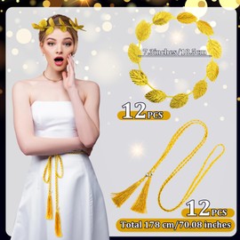 Suncalla 24pcs Toga Party Costume Accessory, 12 Pcs Gold Laurel Wreath Headbands and 12 Gold Belts, Greek Roman Goddess Costume Accessories Set for Women Toga Party Decor Themed Events Photo Props