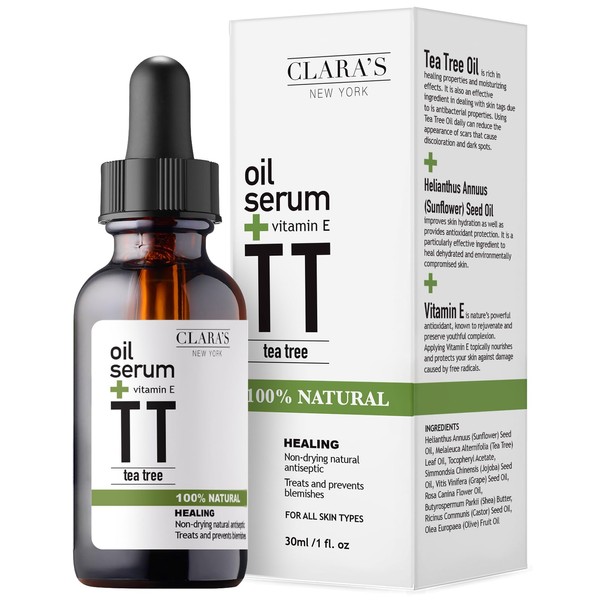 Clara's New York Healing Tea Tree Facial Oil Serum, Hydrating Formula to Replenish Moisture Levels in The Skin, for All Skin Types 30 ml