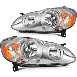 ECCPP Headlight Assembly Pair For Toyota Corolla 2003-2008 Chrome Housing Amber Reflector Clear Lens Driver and Passenger Side Replacement Headlights